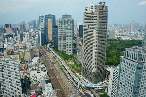 A view over Shiodome and Shimbashi areas in Minato ward, Tokyo, Japan