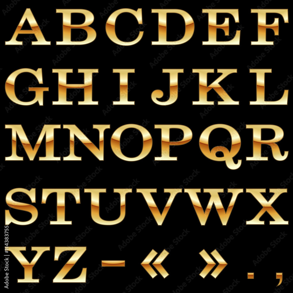 Gold alphabet vector template isolated on black background.