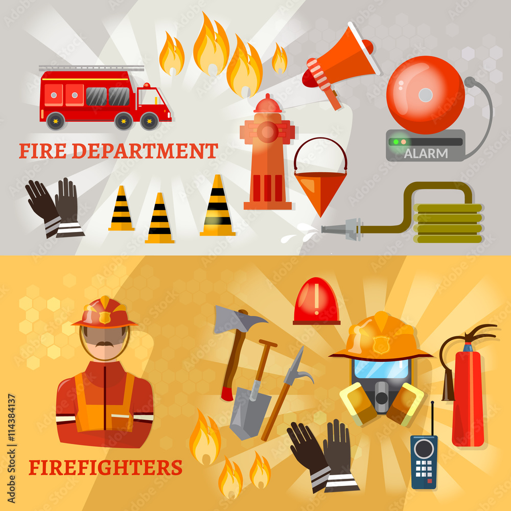 Naklejka premium Professional firefighters banners fire safety equipment