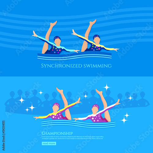 Synchronized swimming banner girls team athletes swimming water