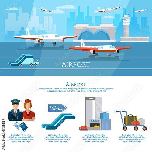 Airport infographics aircraft runway airline pilot stewardess