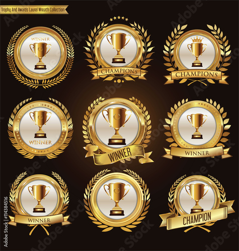 Trophy and awards golden badges and labels collection