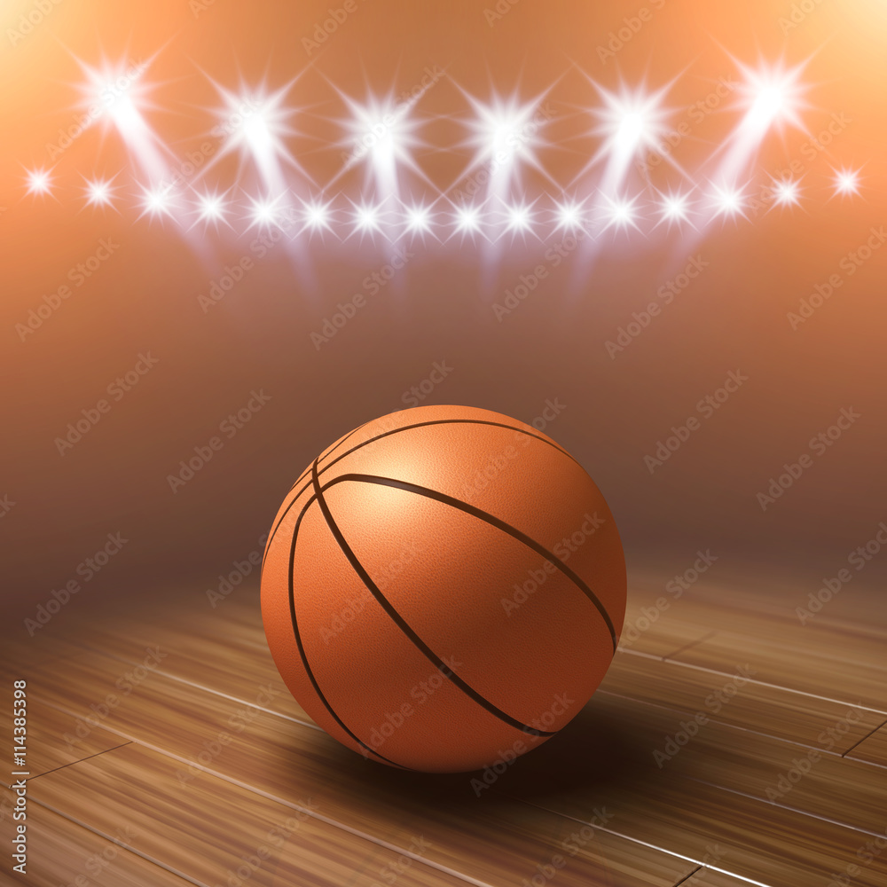Obraz premium Ball on basketball court with spotlights , Basketball arena