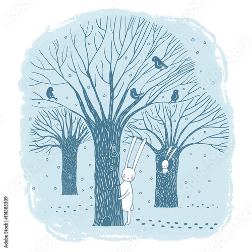 Beautiful trees, birds and rabbit.