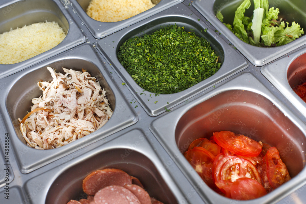 Sandwich bar salads choice in metal containers