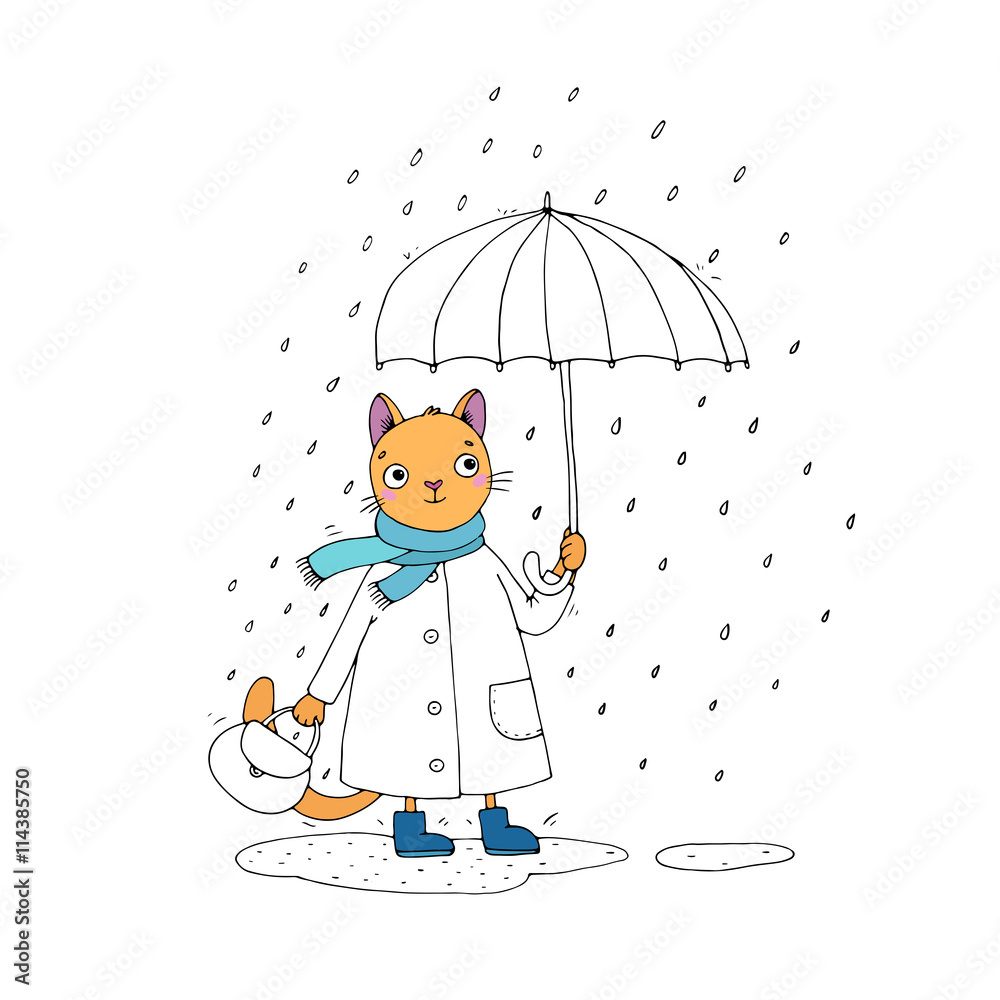 Cute cartoon cat, umbrella, rain and puddles. Stock Vector Adobe Stock