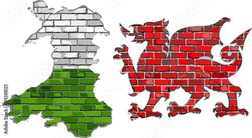 Wales map on a brick wall - Illustration,
Wales map and The Red Dragon in brick style, 
Grunge map and Welsh flag on a brick wall