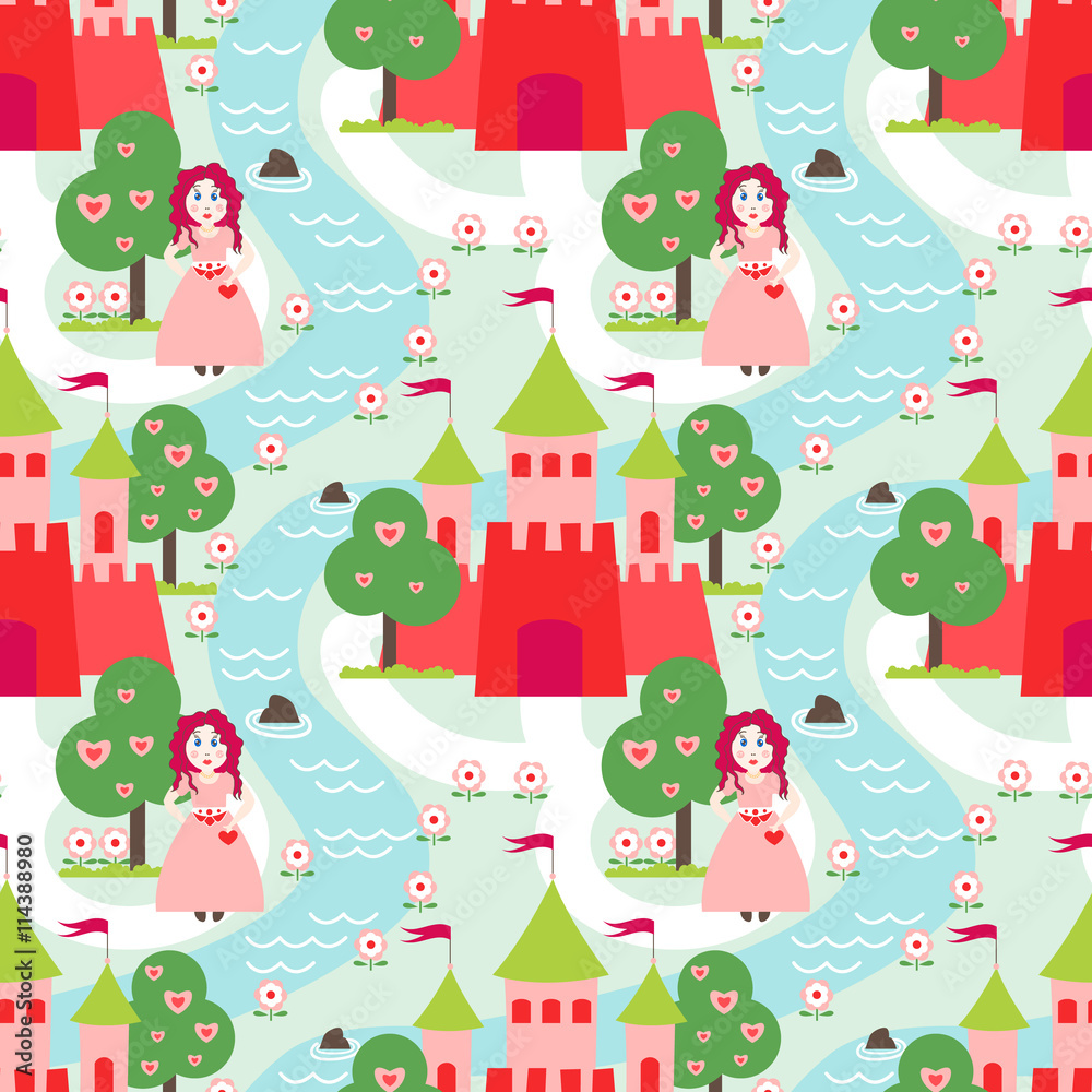 Seamless vector pattern with  princess and  castle for little girls.