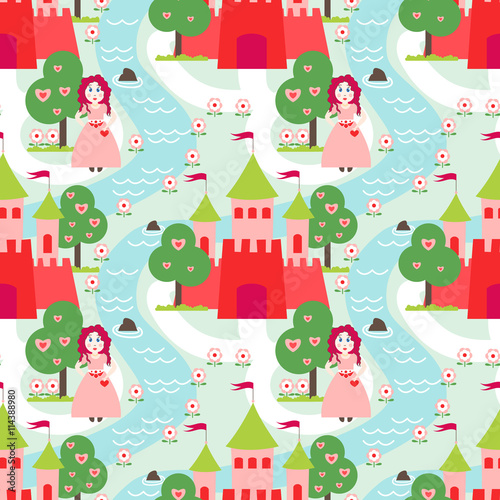 Seamless vector pattern with  princess and  castle for little girls.