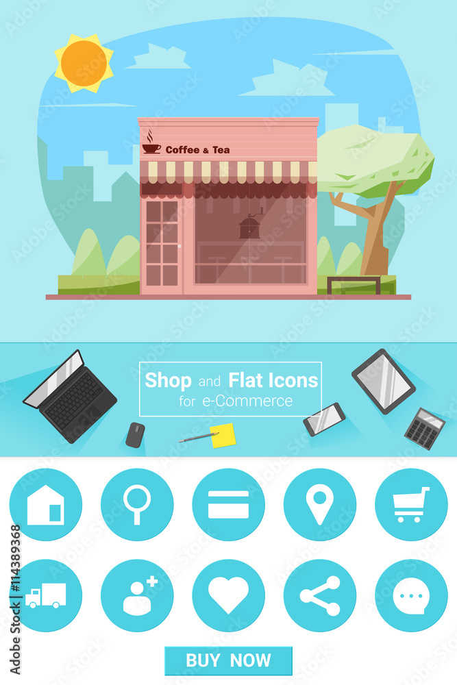 Shop and flat icons for e-commerce Coffee shop, vector, illustration Shop and flat icons for e-commerce Coffee shop, vector, illustration