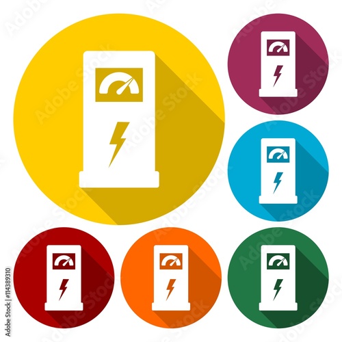 Charging station for electric car, vector icons set with long shadow