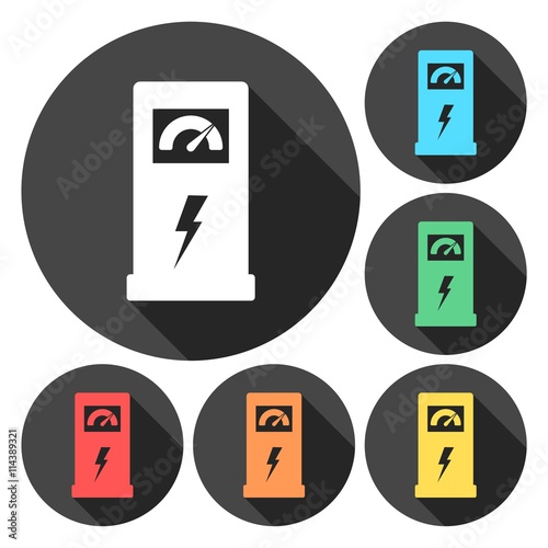 Charging station for electric car, vector icons set with long shadow