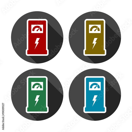 Charging station for electric car, vector icons set with long shadow