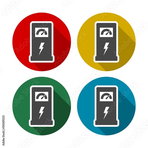 Charging station for electric car, vector icons set with long shadow