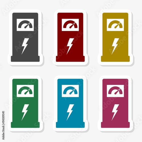 Charging station for electric car, vector sticker set