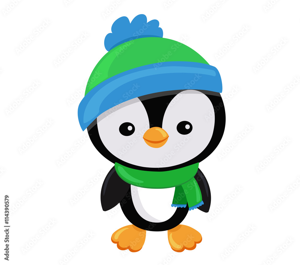 Illustration Cute Christmas penguin boy in a cap and a scarf.