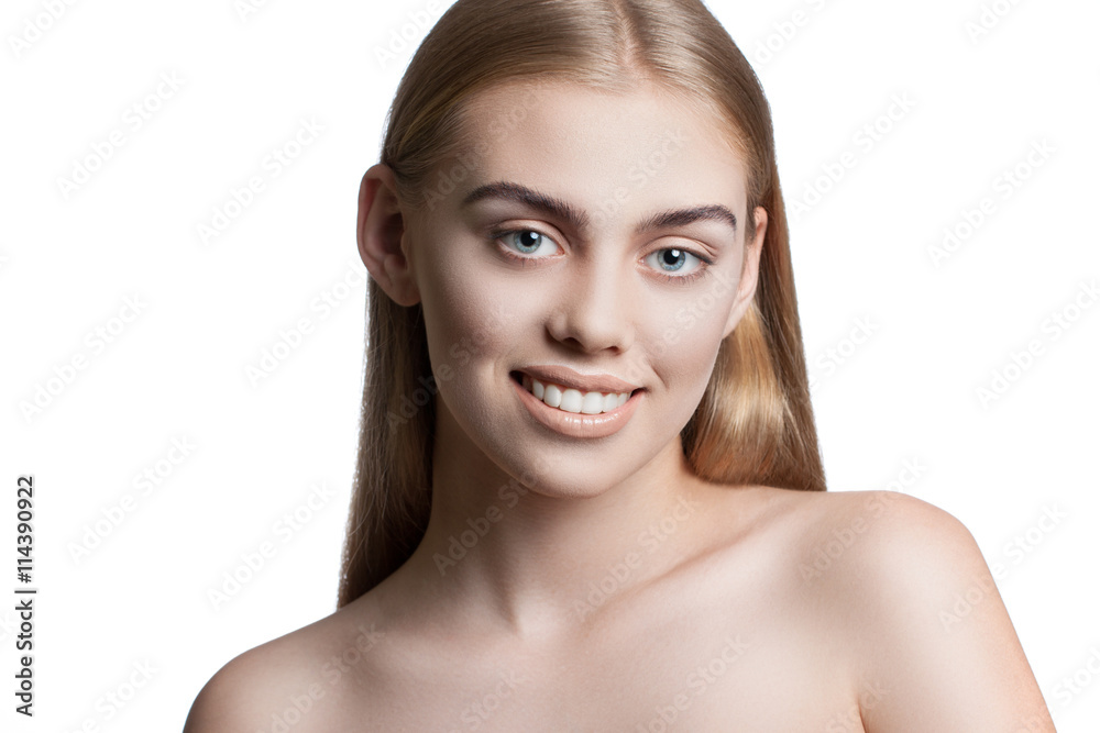 close-up portrait of a young attractive woman with beautiful makeup. Blond hair, blue eyes, beautiful smile. Stock photos on a white background close-up portrait of a young attractive woman with beautiful makeup. Blond hair, blue eyes, beautiful smile. Stock photos on a white background