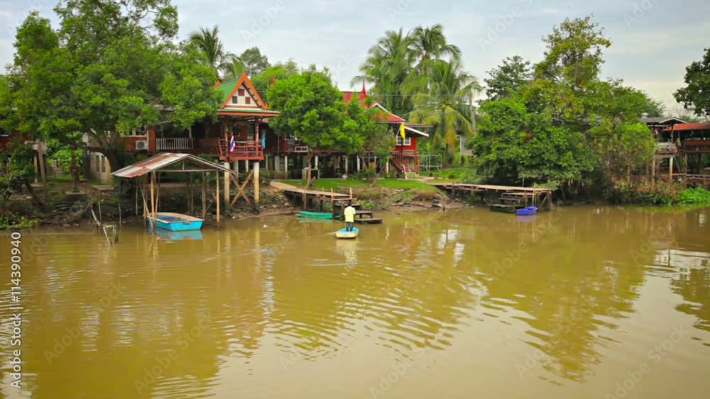 Video FullHD - Row of river houses, elevated on stilts, with private piers and small boats along the banks of the Chao Phraya River near Ayutthaya, Thailand. Video FullHD - Row of river houses, elevated on stilts, with private piers and small boats along the banks of the Chao Phraya River near Ayutthaya, Thailand.