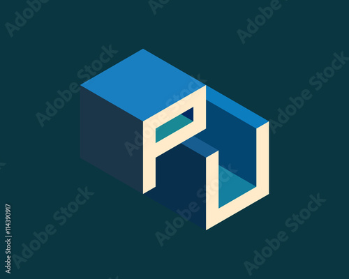 PU isometric 3D letter logo. three-dimensional stock vector alphabet font typography design.