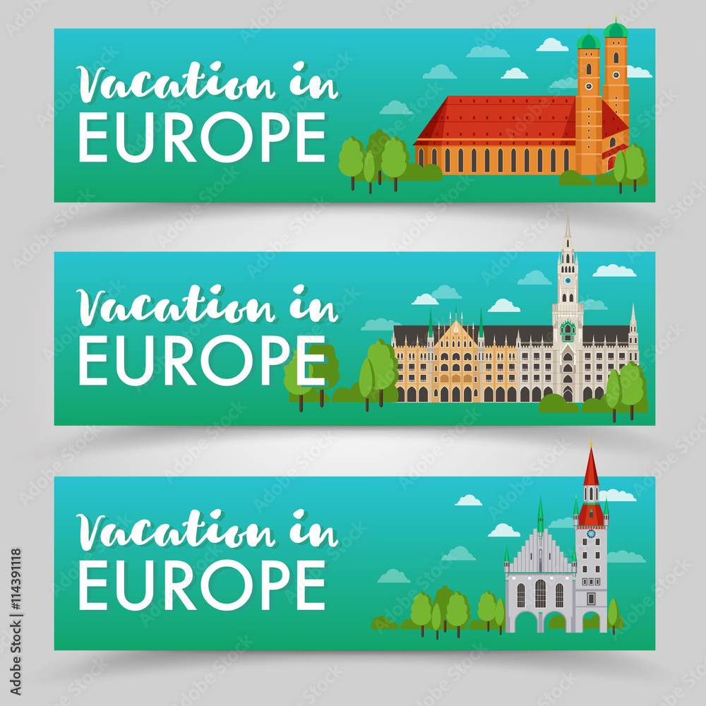 Vacation in Europe vector banner set. Flat design illustration - vacation in Europe with landmark, trees, church. Travel around Europe