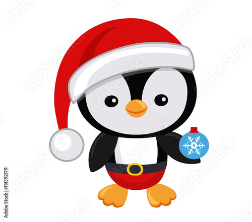 Cute Christmas penguin in hat Santa Claus. Vector illustration isolated on white background.