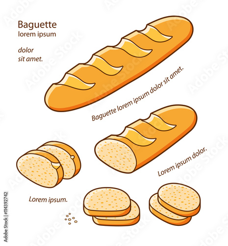 Baguette bread, half a loaf and slices.