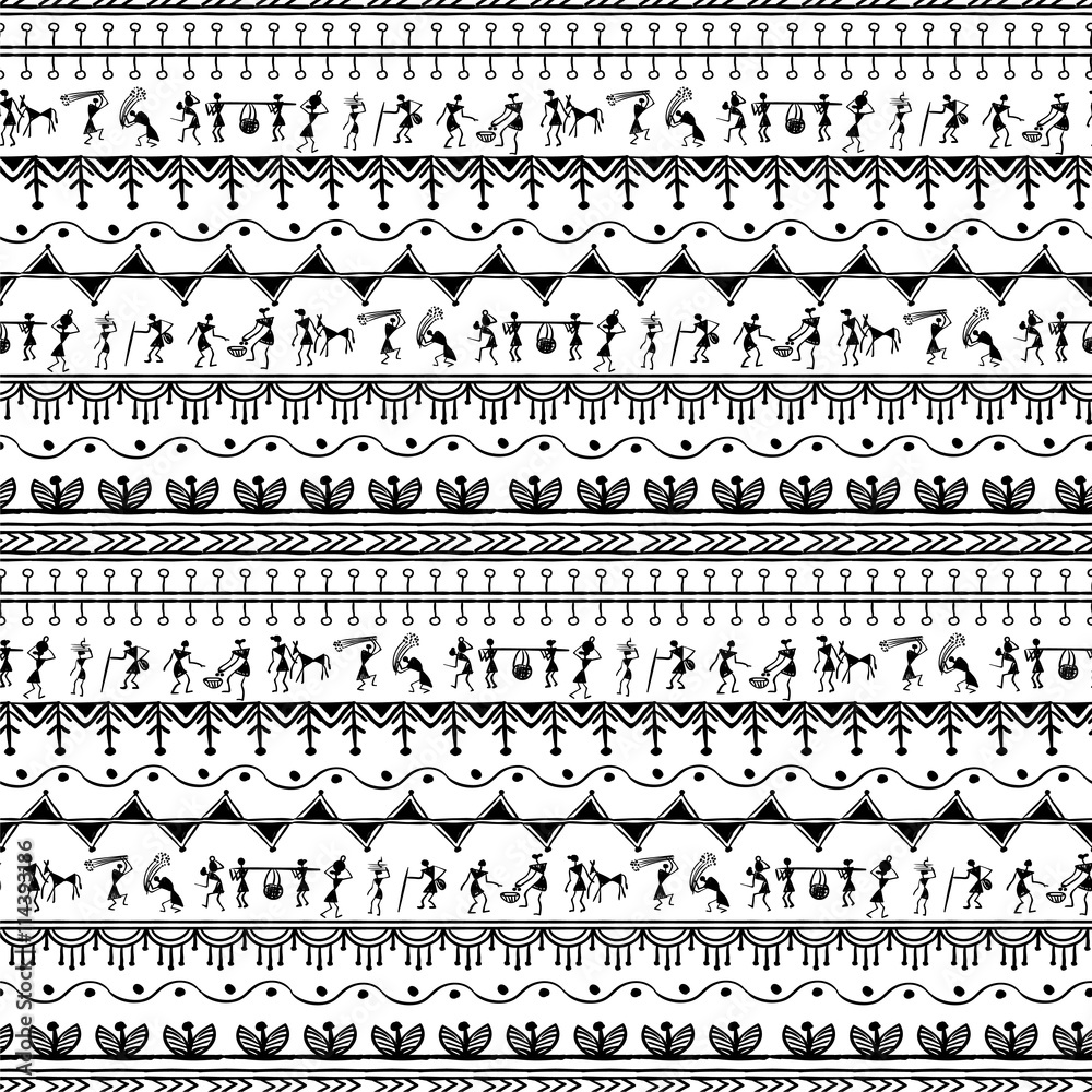 Varli Pattern Warli painting seamless pattern - hand drawn traditional the ancient ...