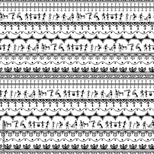 Warli painting seamless pattern - hand drawn traditional the ancient tribal art India. Pictorial language is matched by a rudimentary technique depicting rural life of the inhabitants of India