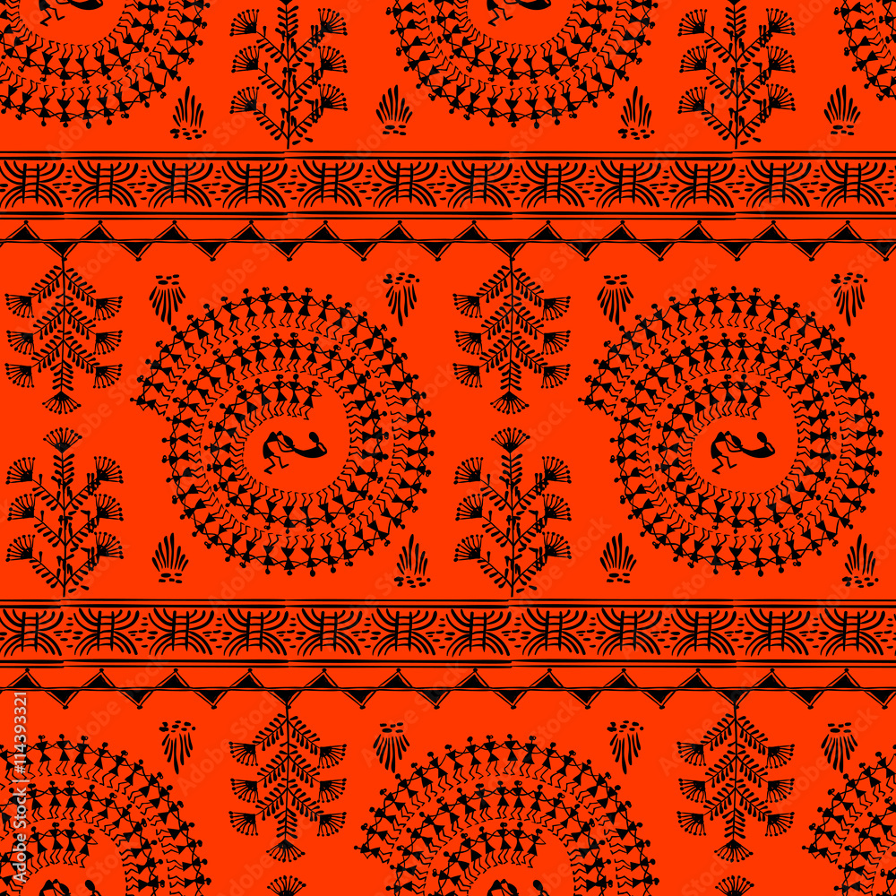 Varli Pattern Warli painting seamless pattern - hand drawn traditional the ancient ...