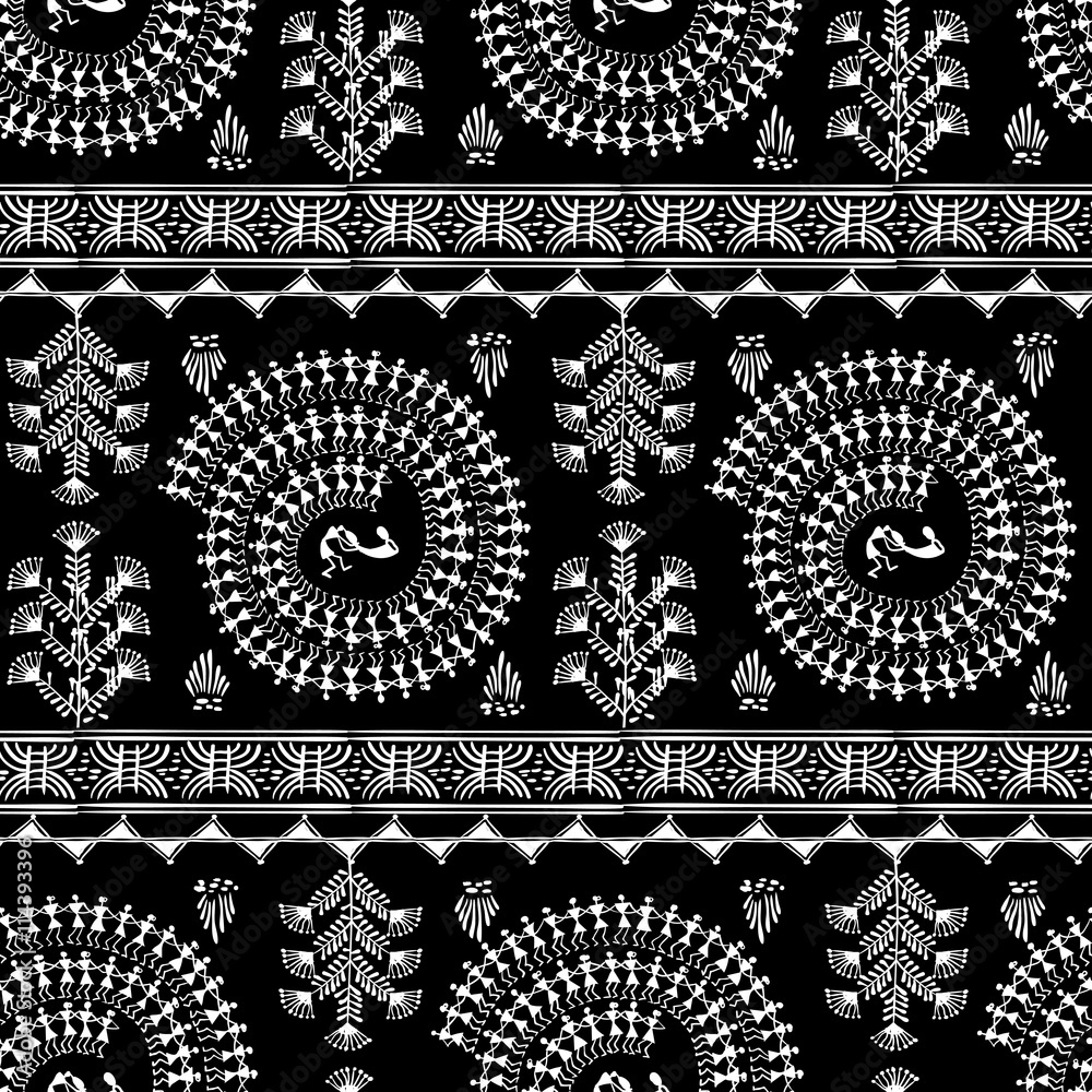 Warli painting seamless pattern - hand drawn traditional the ancient ...