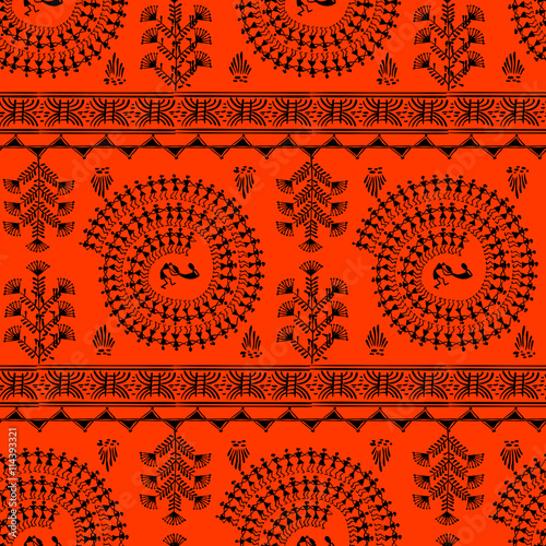 Warli painting seamless pattern - hand drawn traditional the ancient tribal art India. Pictorial language is matched by a rudimentary technique depicting rural life of the inhabitants of India