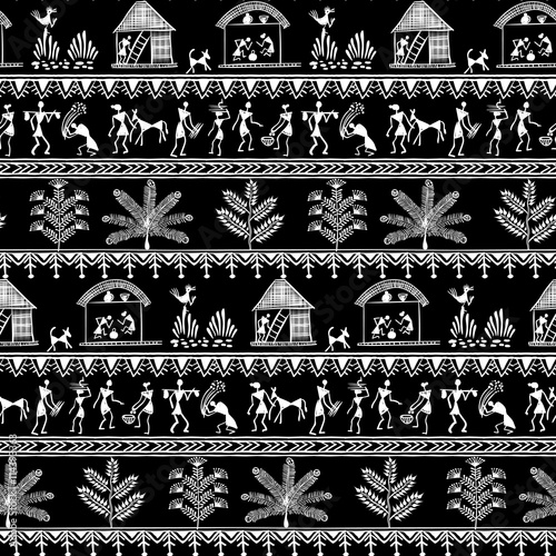 Warli painting seamless pattern - hand drawn traditional the ancient tribal art India. Pictorial language is matched by a rudimentary technique depicting rural life of the inhabitants of India