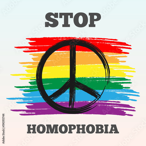 Social problem - homophobia. LGBT flag, peace sign, inscription Stop Homophobia. Illustration of a black rough brush. Abstract. Transparency.