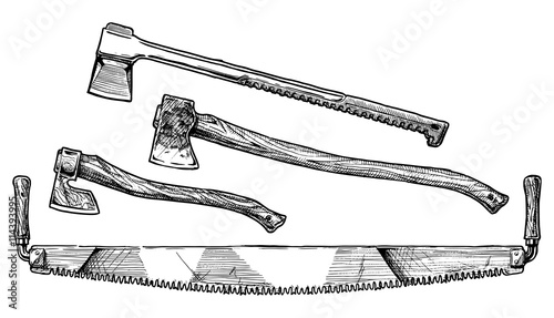 Crosscut saw, felling  and splitting axes