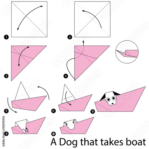 Step by step instructions how to make origami A Dog that takes boat.