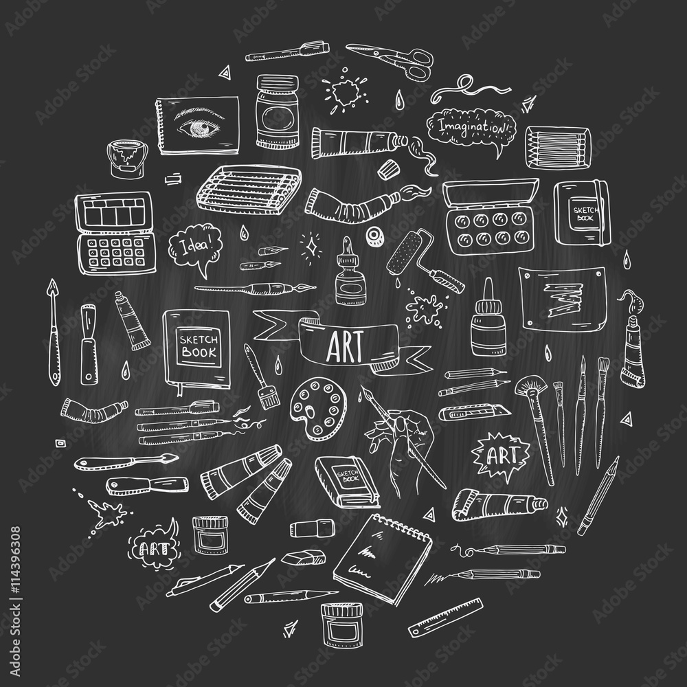 Hand drawn doodle Art and Craft tools icons set Vector illustration art instruments symbols collection Cartoon various art tools Brush Watercolor Paint Artist elements on chalkboard background Sketch