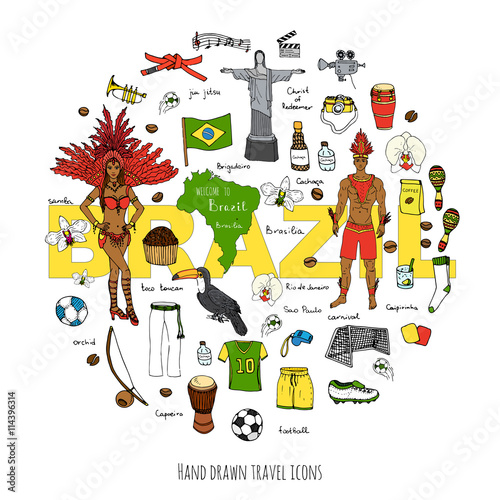 Hand drawn doodle Welcome to Brazil set Vector illustration Sketchy Brazilian traditional icons Cartoon Brazil typical elements collection Landmark Football ball cleats goal Capoeira Samba Orchid