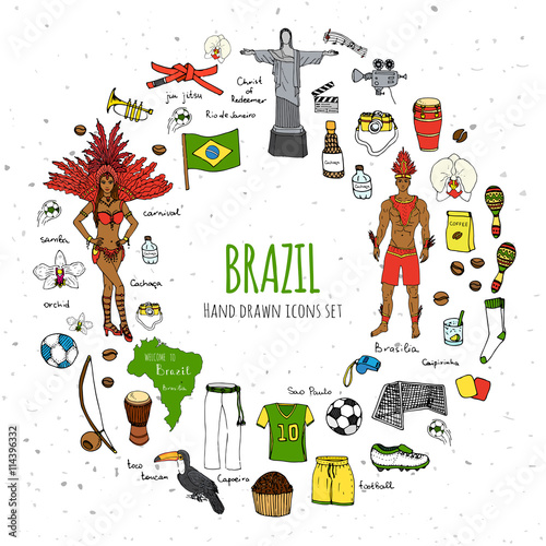 Hand drawn doodle Welcome to Brazil set Vector illustration Sketchy Brazilian traditional icons Cartoon Brazil typical elements collection Landmark Football ball cleats goal Capoeira Samba Orchid