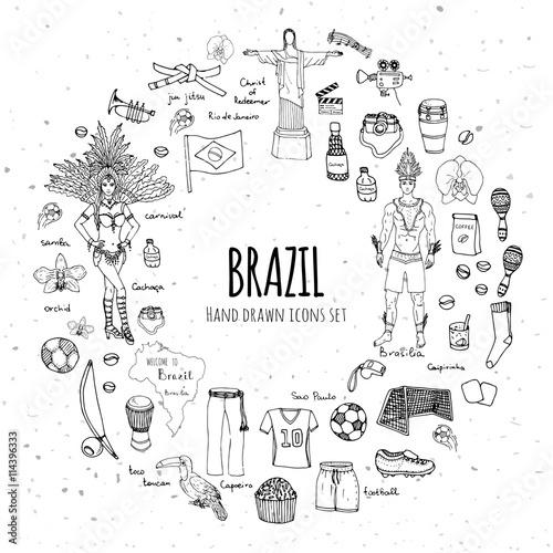 Hand drawn doodle Welcome to Brazil set Vector illustration Sketchy Brazilian traditional icons Cartoon Brazil typical elements collection Landmark Football ball cleats goal Capoeira Samba Orchid