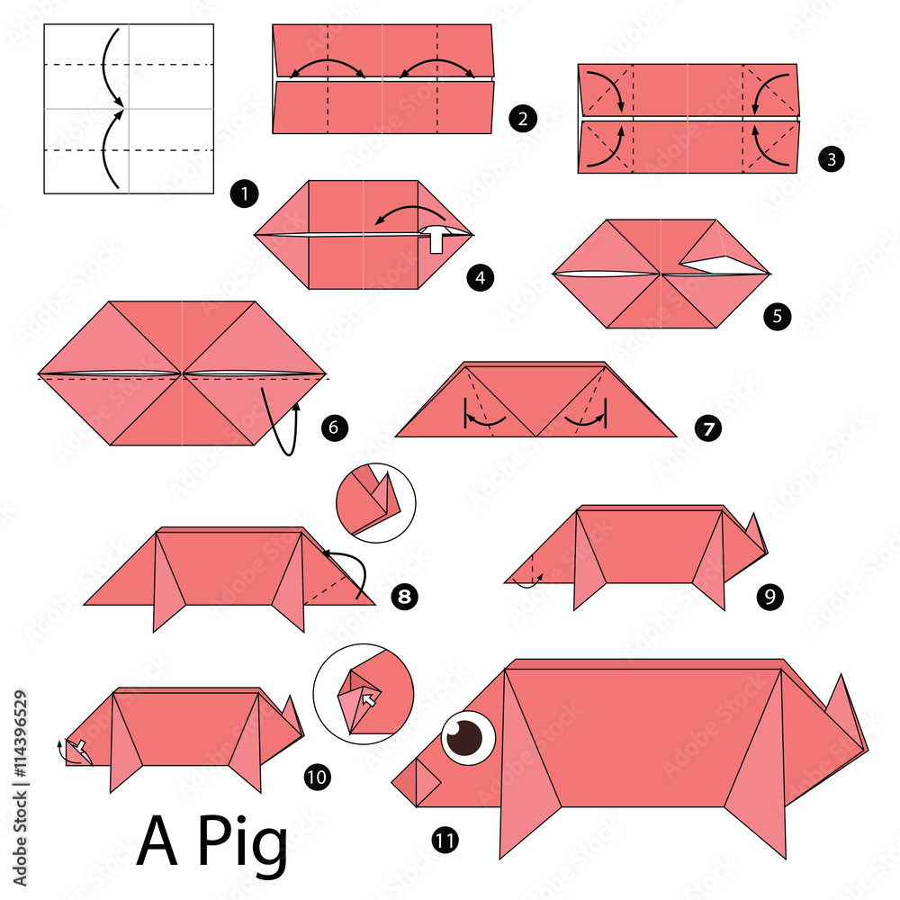Step by step instructions how to make origami A Pig. Stock Vector