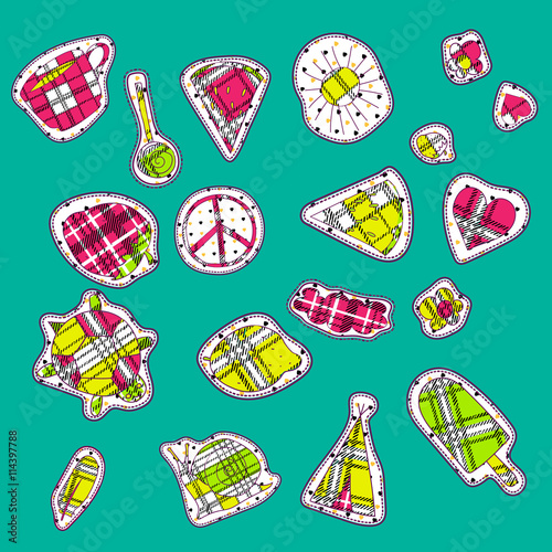 hippie embroidery neon palette summer patches collection. vector set illustration coffee cup, wigwam, sun, cloud, heart, ice cream, snail, turtle, watermelon, strawberry, feather, for stickers patches