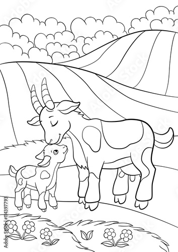 Coloring pages. Farm animals. Mother goat with her little cute goatling.