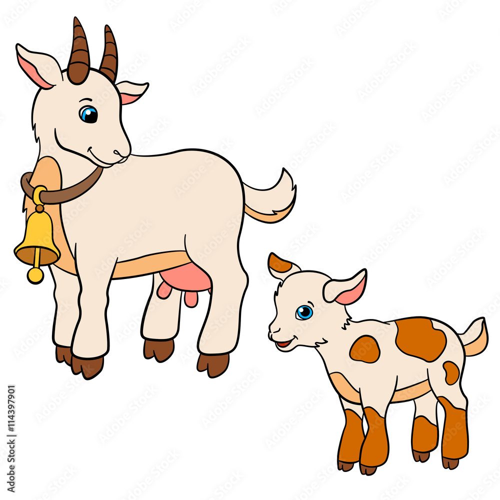 Cartoon farm animals for kids. Mother goat looks at her baby goat Stock  Vector | Adobe Stock