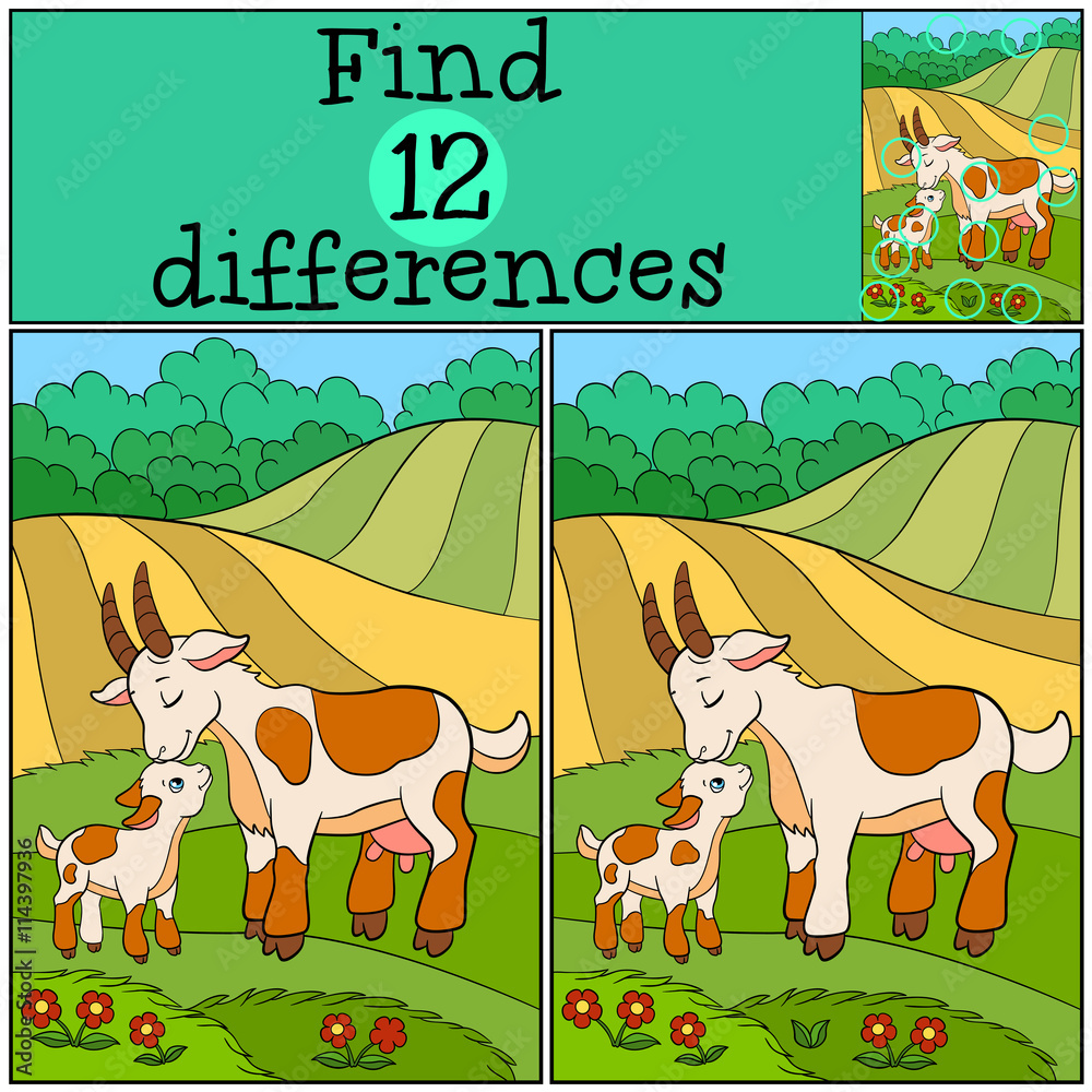 Fototapeta premium Children games: Find differences. Mother goat with her baby.