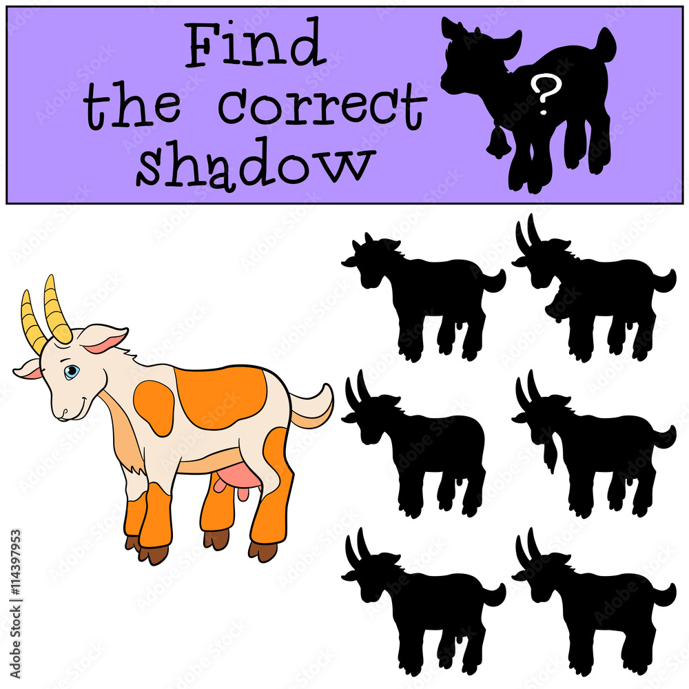 Children games: Find the correct shadow. Cute goat smiles.