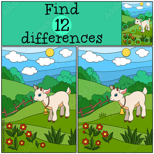 Children games: Find differences. Little cute baby goat.