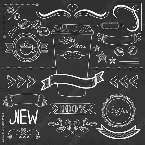 Set of labels, ribbons, frames for coffe menu.