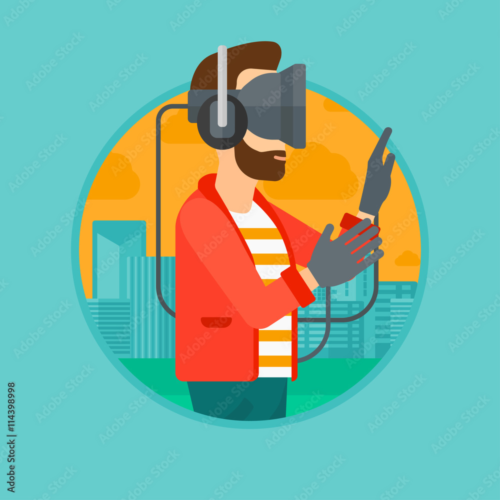 Man in virtual reality headset playing video game. Man in virtual reality headset playing video game.