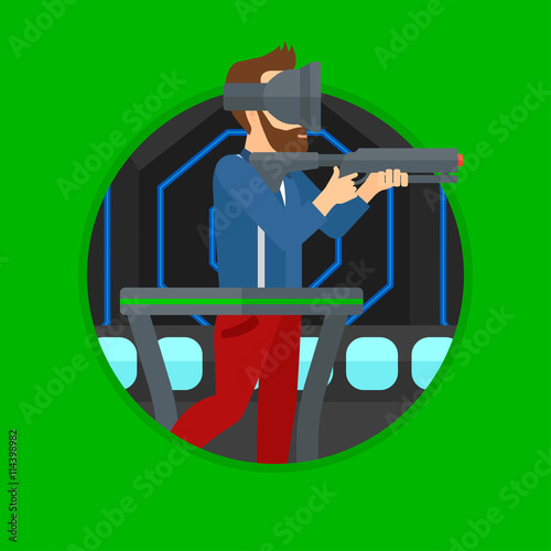 Man in virtual reality headset playing video game.