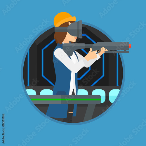 Woman wearing virtual reality headset.